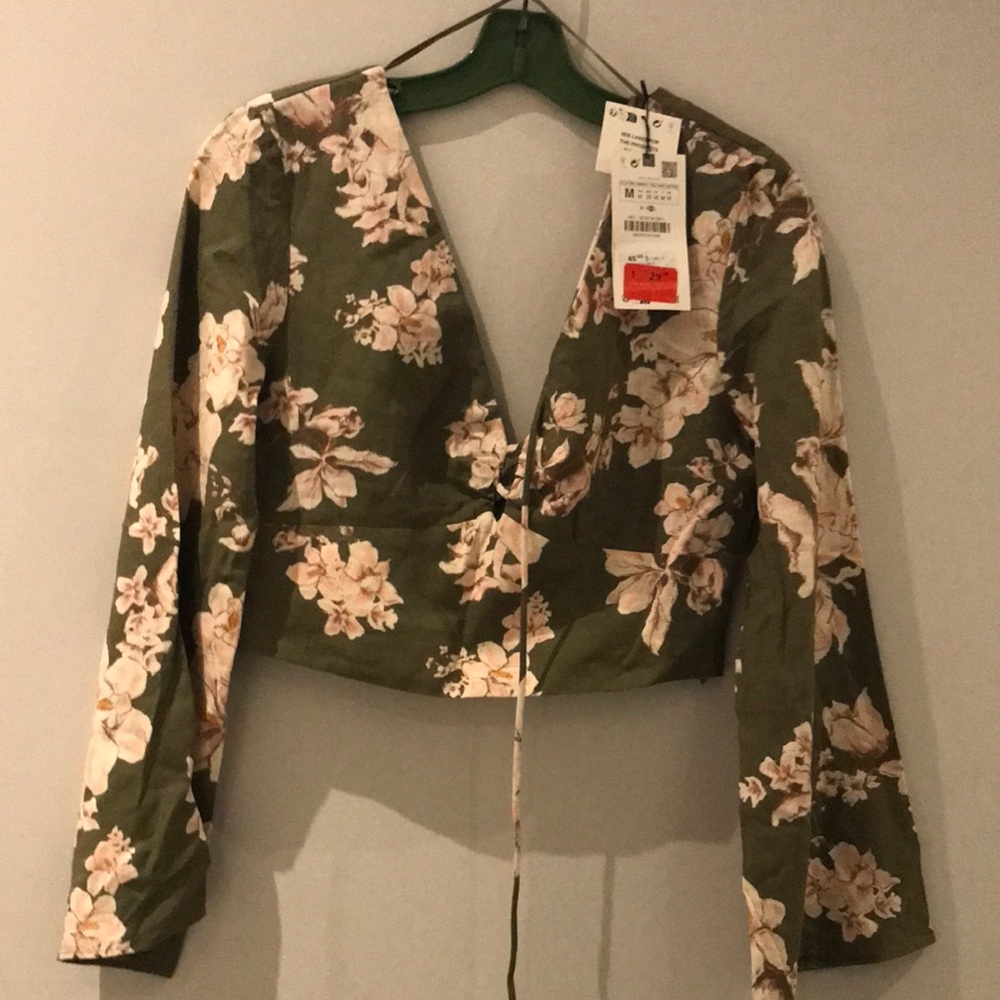 Zara Green and Pink Floral Crop Top